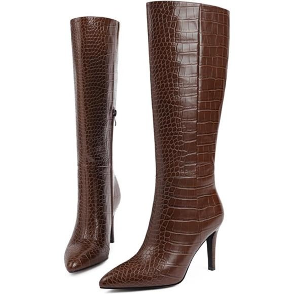 Knee High Boots Toe Stiletto High Heel Side Zipper Long Boots Crocodile Boots - Picture 2 of 7